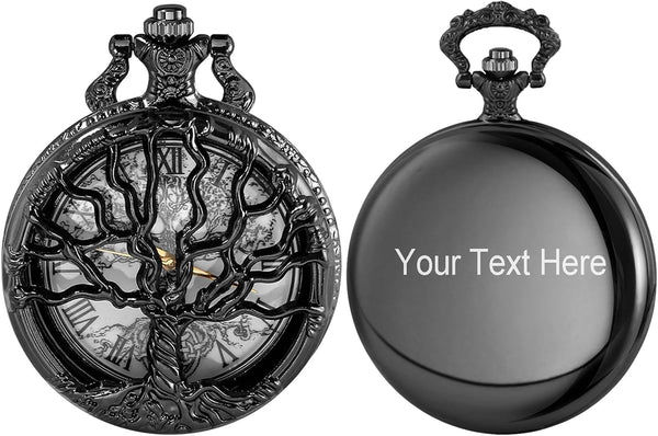 Pocket Watch Hollow Tree of Life Design Roman Numerals Customizable Qu