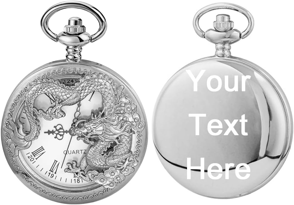 Dragon Design Quartz Pocket Watch Roman Numerals with Chain Birthdays