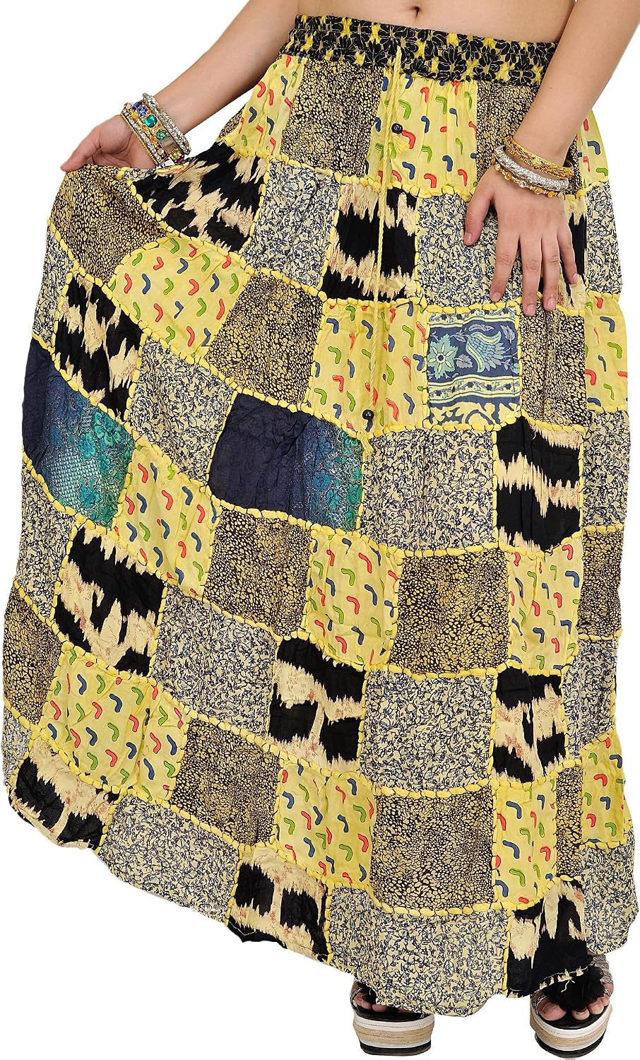 Exotic India Long Printed Dori Skirt from Gujarat with Patch Work - Rayon