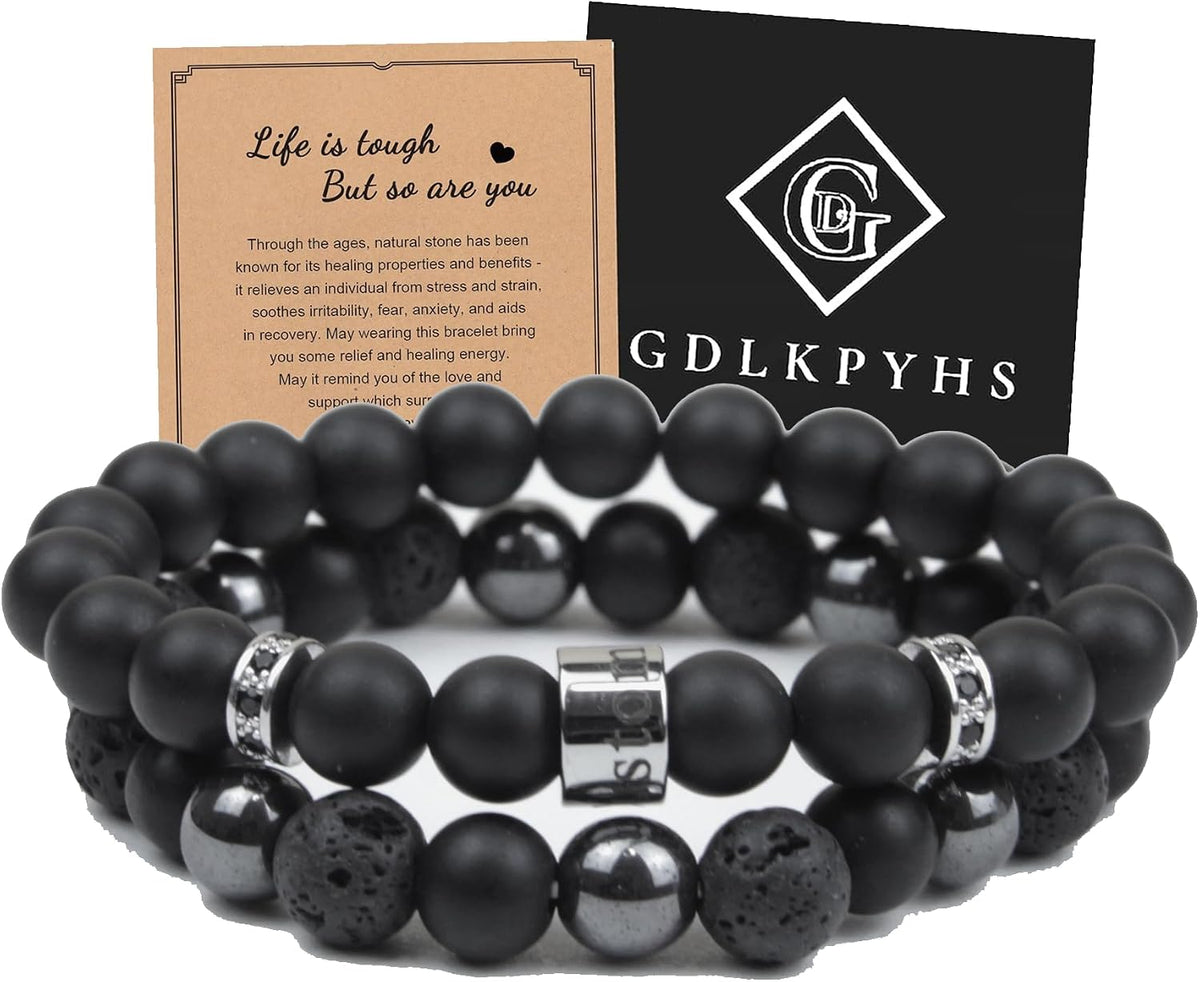 Black Obsidian Bracelet for Men - Black Tourmaline Beaded Bracelets - Mens Bracelet Set 8MM Black Onyx Hematite Lava Stone Beads Triple Protection Bracelet for Men Women Gifts