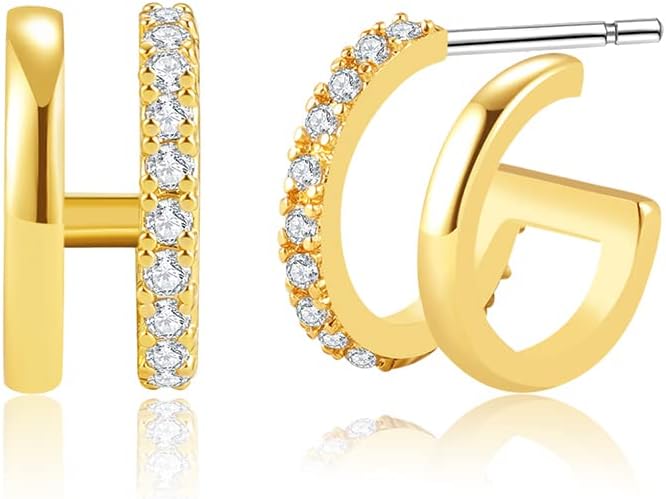 14K Gold Plated Illusion Stud Earrings for Women | Triple Huggie Hoop Earrings for One Hole| Trendy Simple Hypoallergenic Fashion Accessories Gold