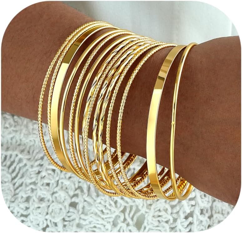 Gold Bangle Bracelets for Women, Indian Bangles Stackable Set, Multi Layer Textured 18K Gold Plated Chunky Bracelets Boho Jewelrys Set