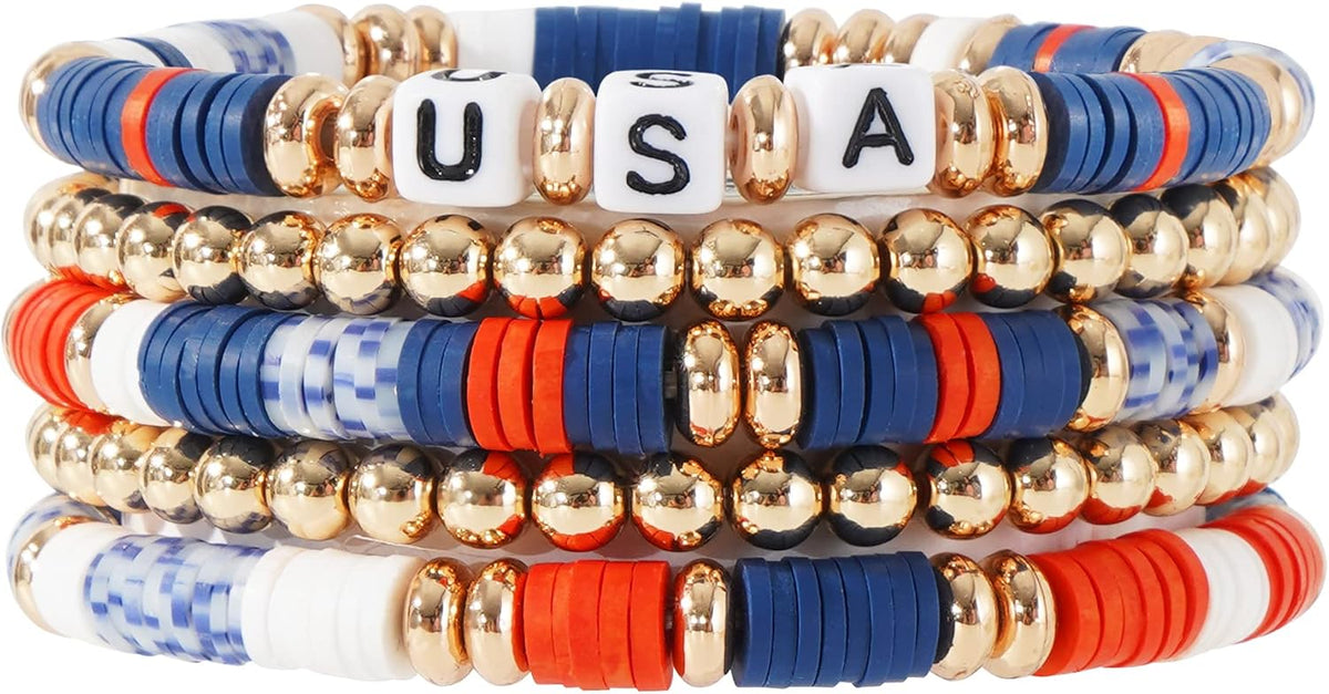 Surfer Heishi Clay Bead Bracelets for Women Bohemian Stackable Gold Plated Beaded Stretch Bracelets Elastic Layering Friendship Bracelets Set Boho Jewelry