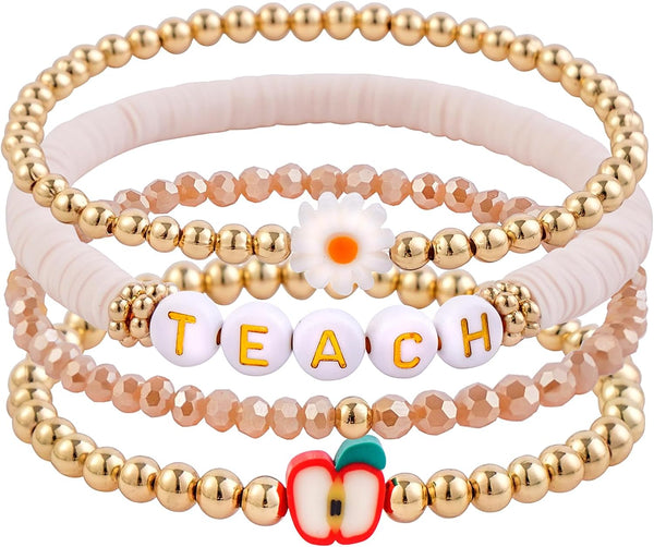 Surfer Heishi Clay Bead Bracelets for Women Bohemian Stackable Gold Plated Beaded Stretch Bracelets Elastic Layering Friendship Bracelets Set Boho Jewelry