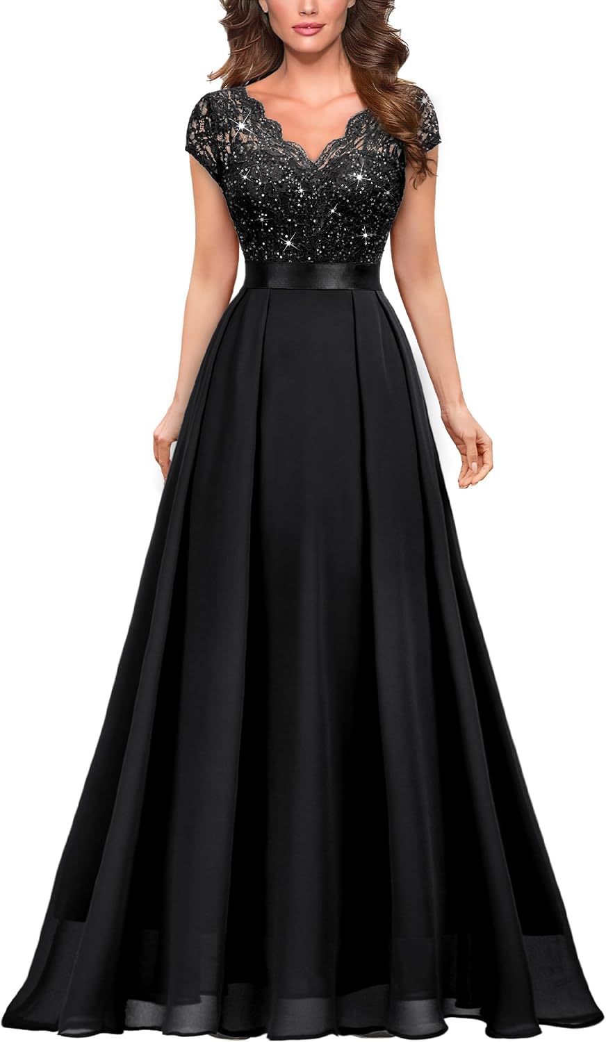 Miusol Women's V-Neck Sequined Floral Lace Formal Evening Maxi Dress