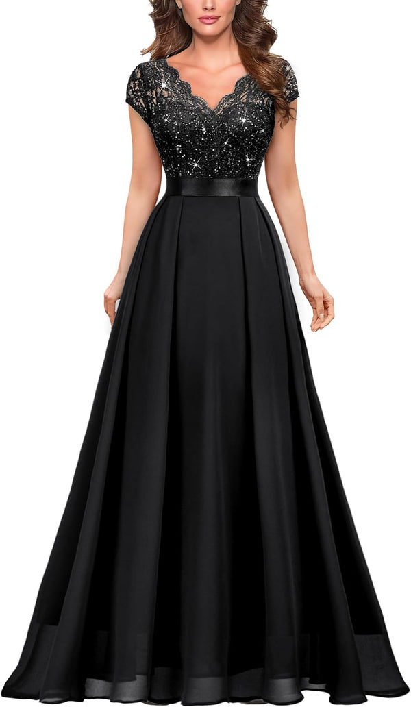 Miusol Women's V-Neck Sequined Floral Lace Formal Evening Maxi Dress
