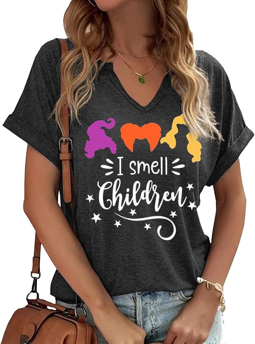 Earlymemb Women Fall Halloween Doodles V Neck Shirt Thanksgiving Casual Tee