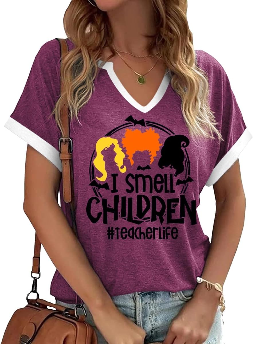 Earlymemb Women Fall Halloween Doodles V Neck Shirt Thanksgiving Casual Tee