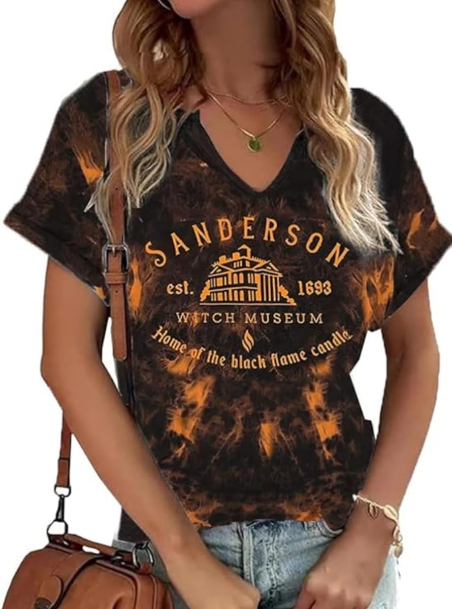 Earlymemb Women Fall Halloween Doodles V Neck Shirt Thanksgiving Casual Tee