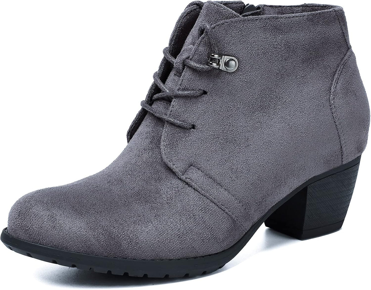 Women's Ankle Boots,Lace-up Round Toe Comfortable Low Heel Dress Booties with Side Zipper