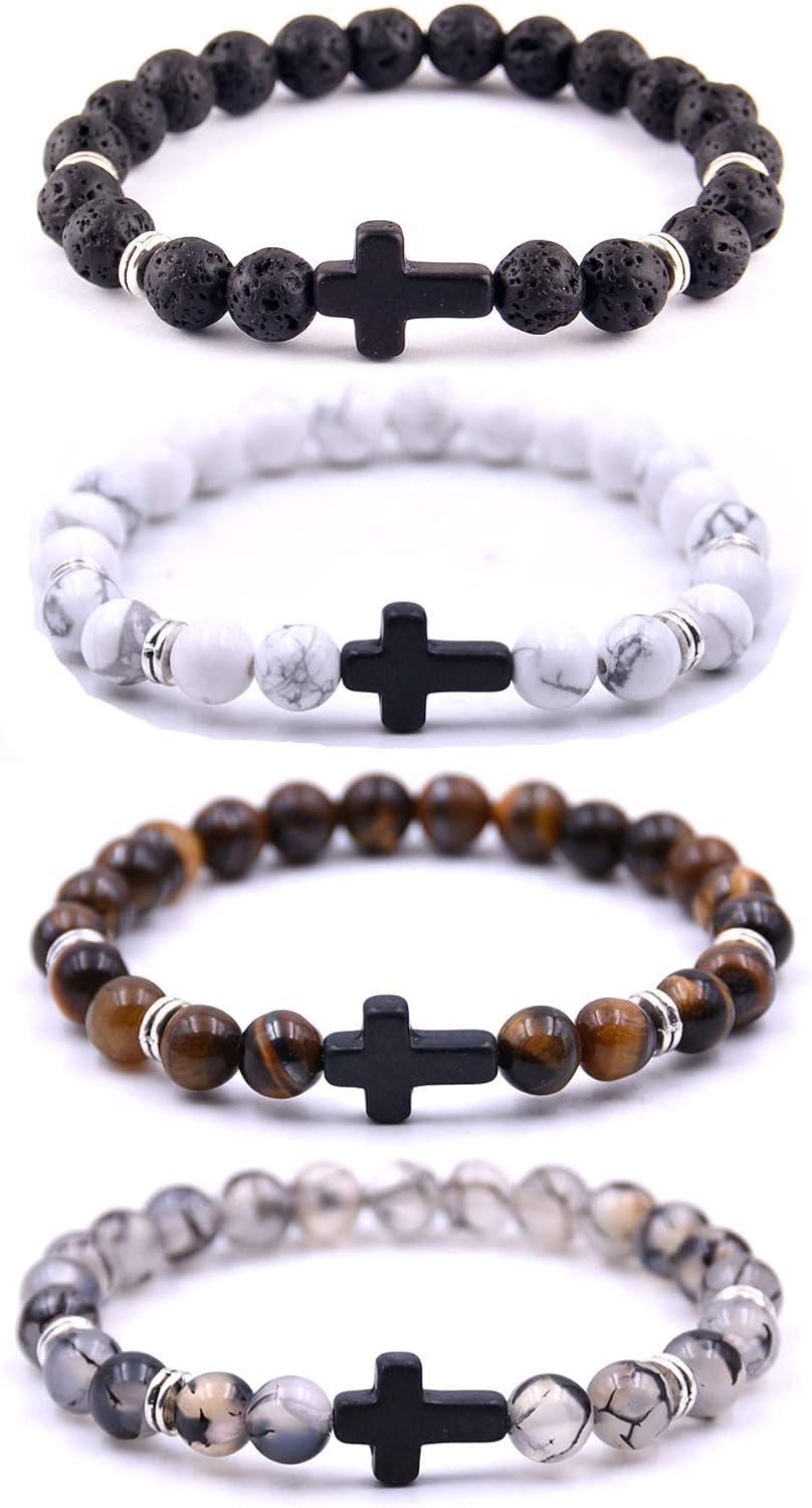Softones 4PCS Cross Beads Bracelet for Men Women 8mm Healing Lava Stone Stretch Bracelets,7.5"
