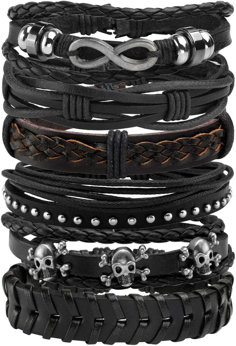 6-12PCS Braided Faux Leather Bracelet Punk Cuff Wrap Bracelets for Men Women Adjustable