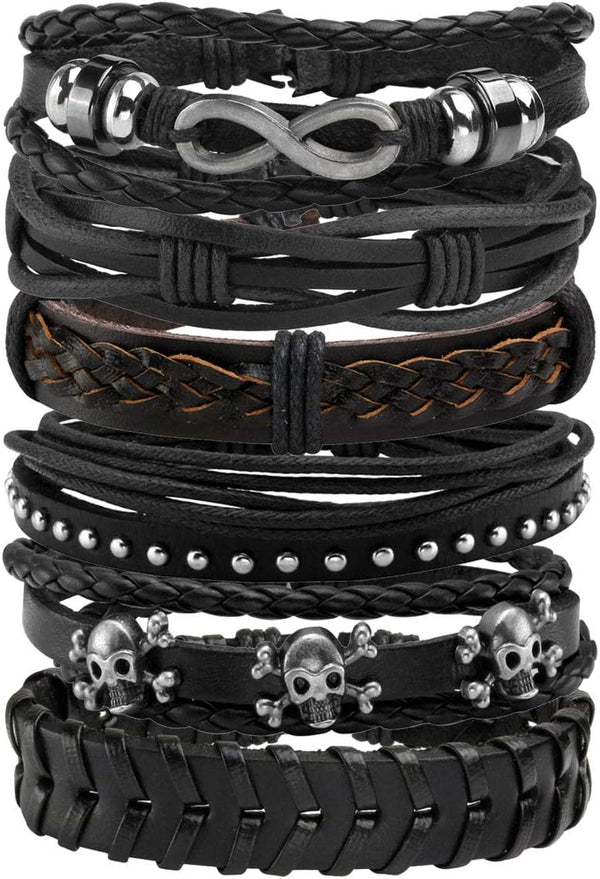 6-12PCS Braided Faux Leather Bracelet Punk Cuff Wrap Bracelets for Men Women Adjustable