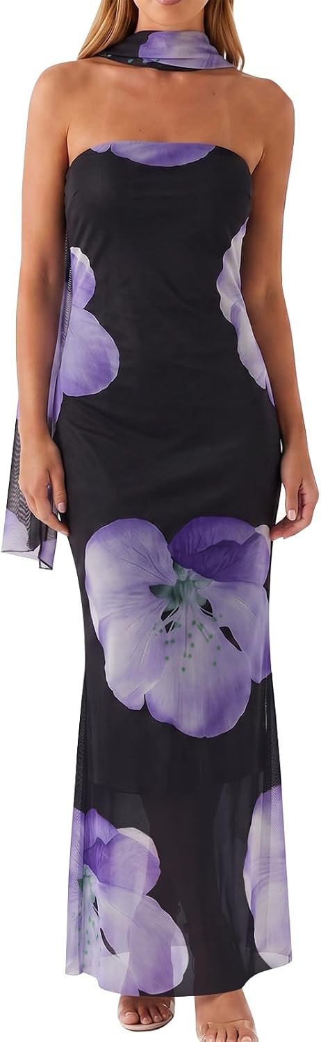 Women Floral Tube Maxi Dress with Scarf Summer Strapless Tube Bodycon Mesh Layer Cocktail Party Wedding Guest Dress