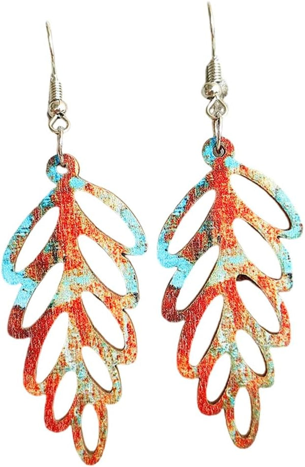 Wooden Palm Leaf Drop Dangle Earrings