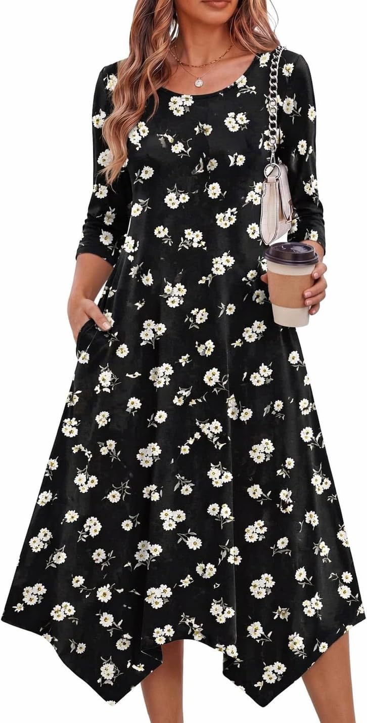 Zeagoo Midi Dresses Women 2026 Dress 3/4 Sleeve A Line Casual Dresses with Pockets