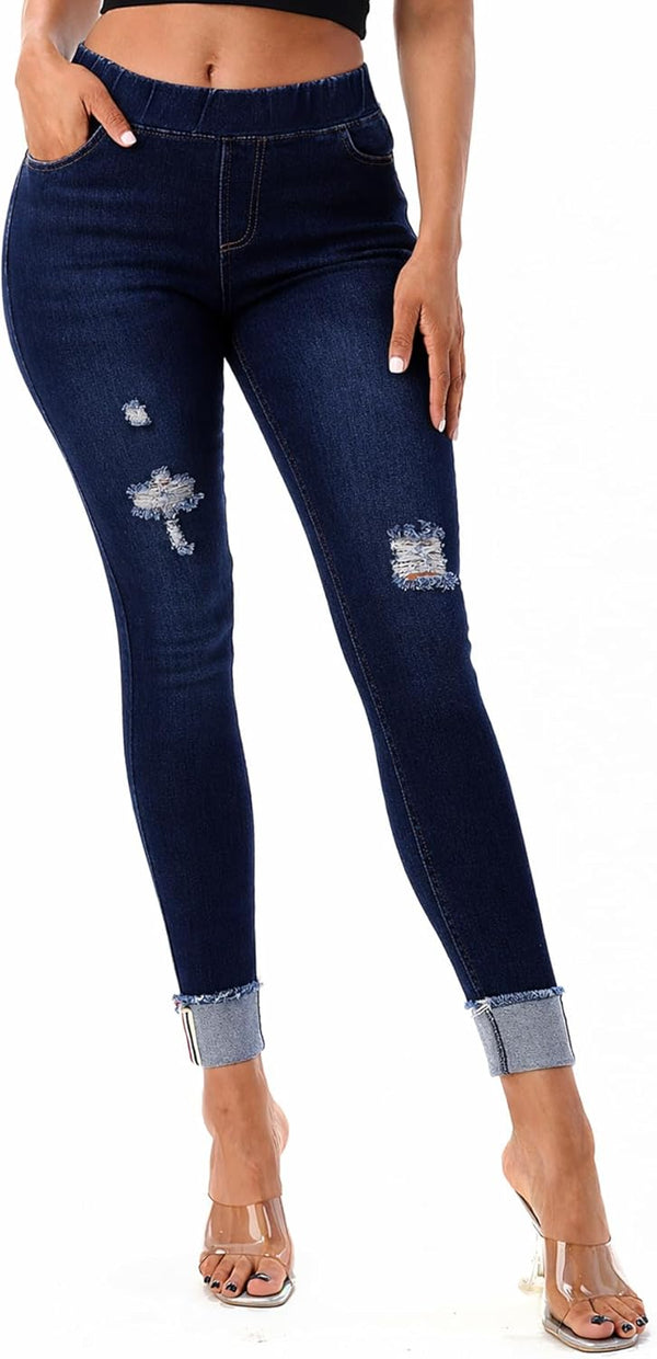 Women’s Stretch Denim Pull On Jeans With Pockets – Ripped
