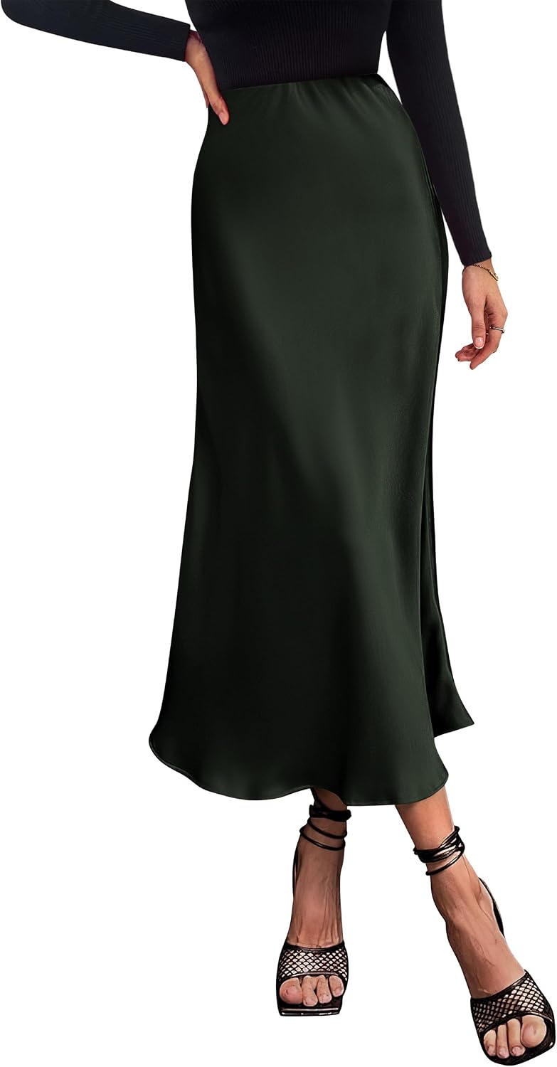 PRETTYGARDEN Women's Satin Midi Skirts Dressy Casual