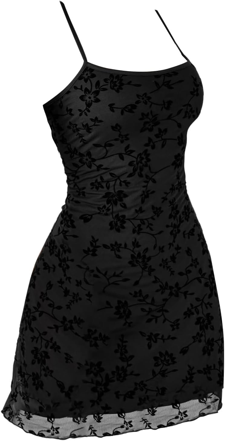 Verdusa Women's Mini Dress Floral Mesh Spaghetti Strap Short Dresses Y2k