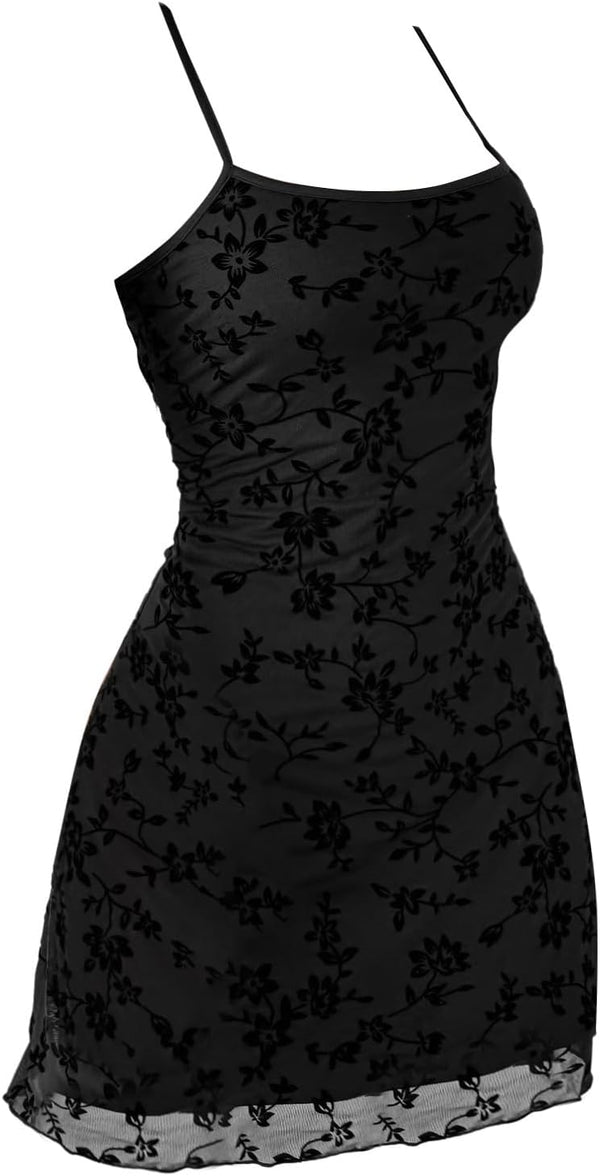 Verdusa Women's Mini Dress Floral Mesh Spaghetti Strap Short Dresses Y2k