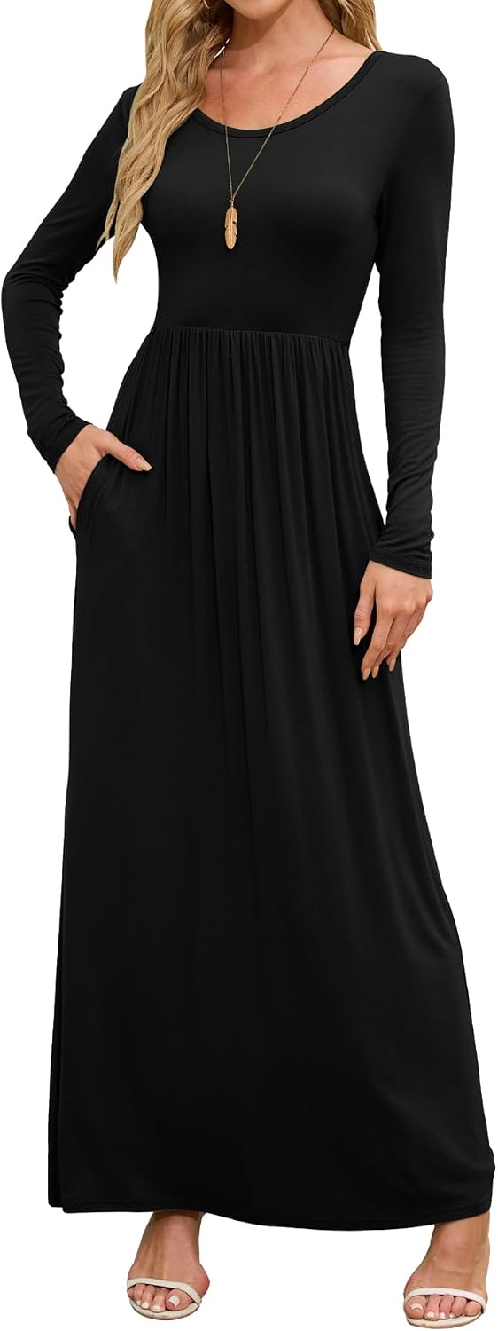 DEARCASE Women's Maxi Dress Long Sleeve Crewneck Empire Waist Long Dresses