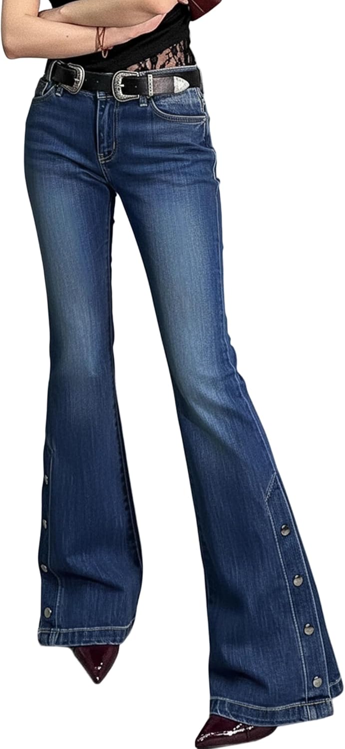 Women Bell Bottom Jeans Stretchy Flare Mid Rise Embroidery Vintage