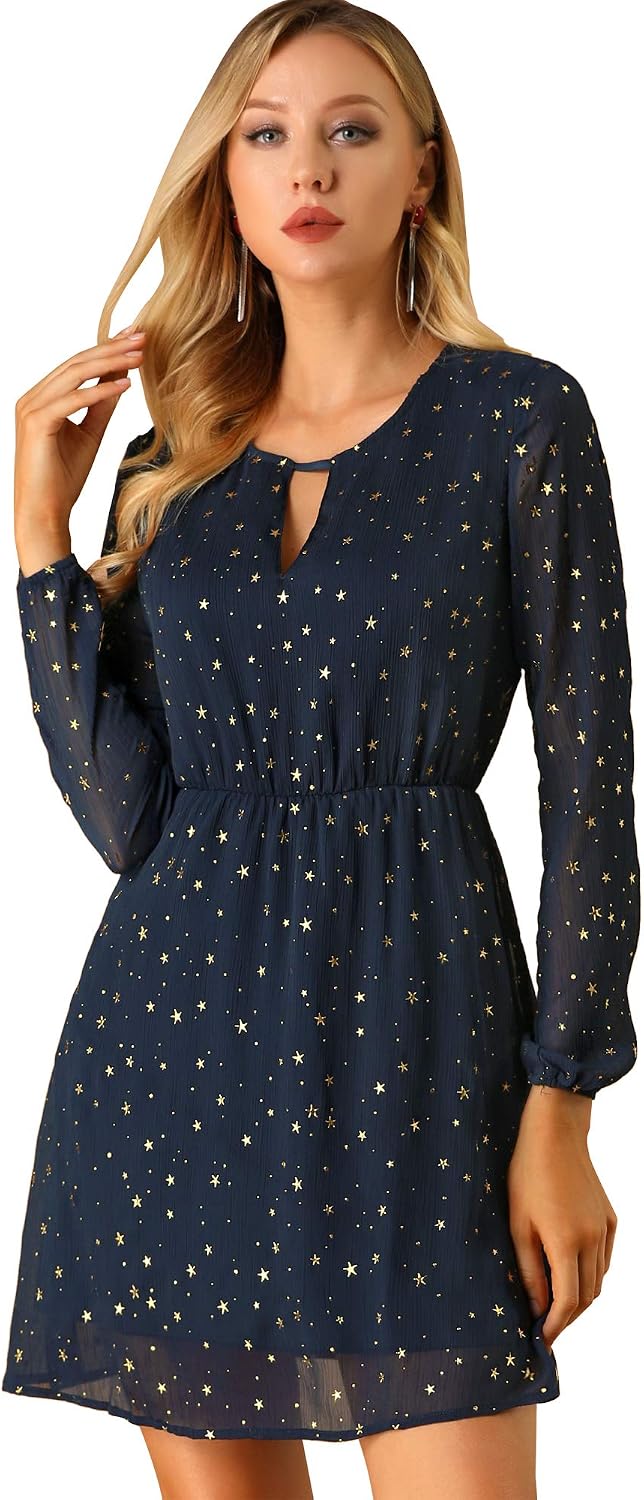 Allegra K Women Metallic Star Choker V Neck Party Flared A-Line Dress