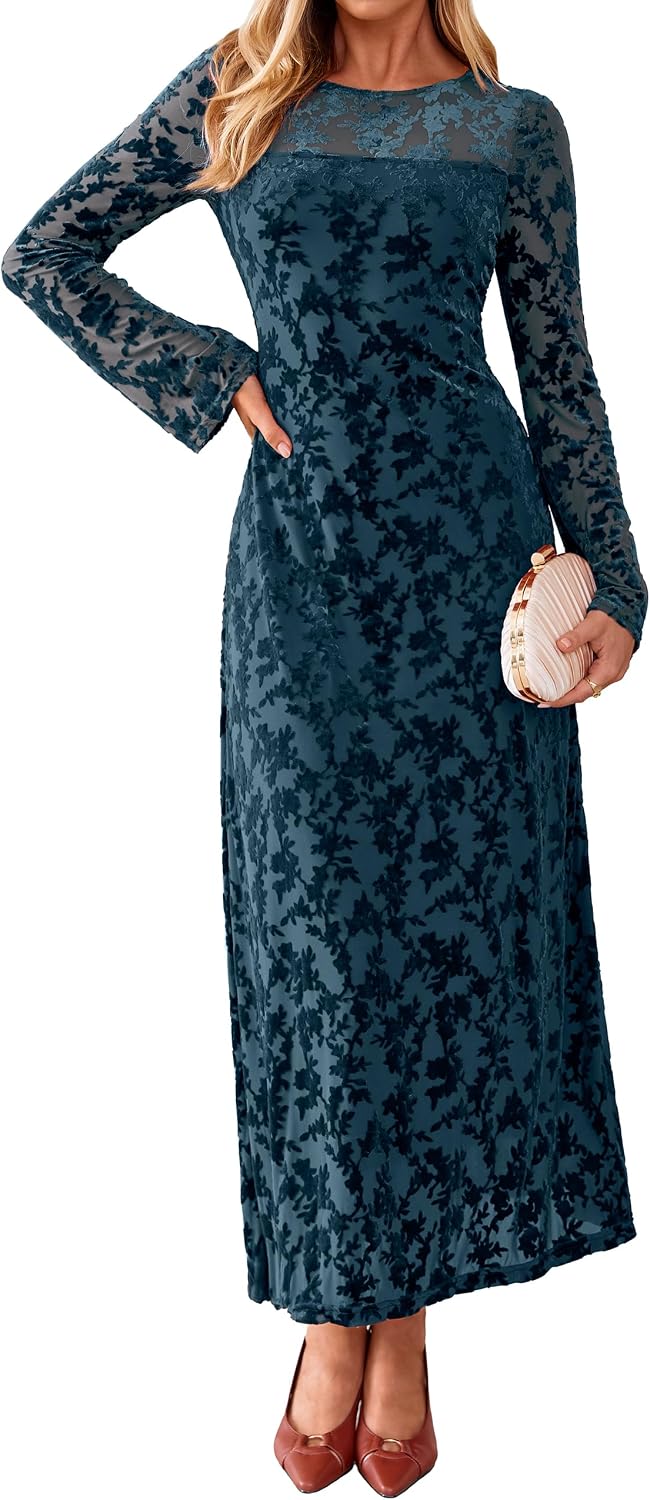 Simplee Womens Velvet Long Sleeve Fall Formal Wedding Guest Maxi Dress