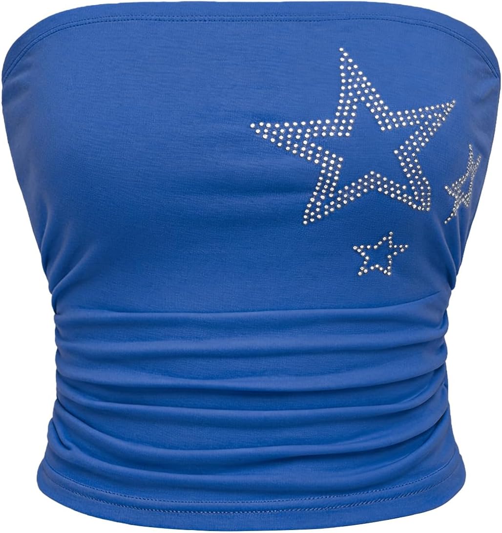 WDIRARA Women's Star Rhinestone Strapless Crop Tube Bandeau Top