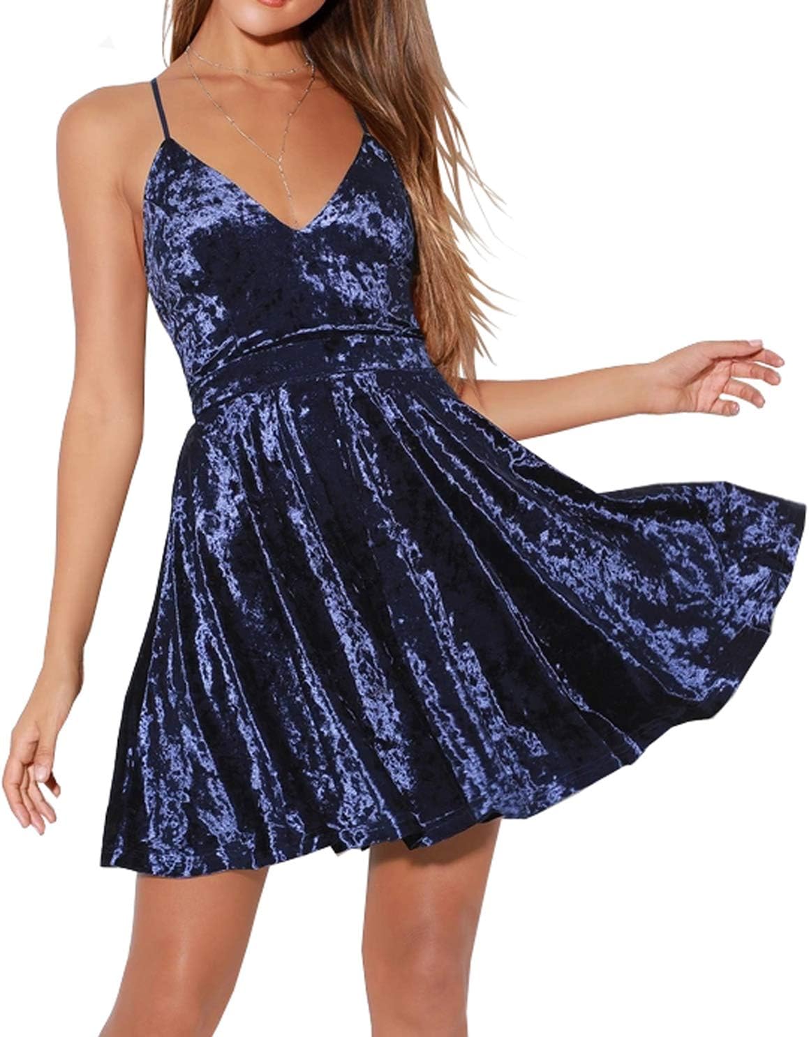 R.Vivimos Women's Crushed Velvet Swing Skater Mini Dress