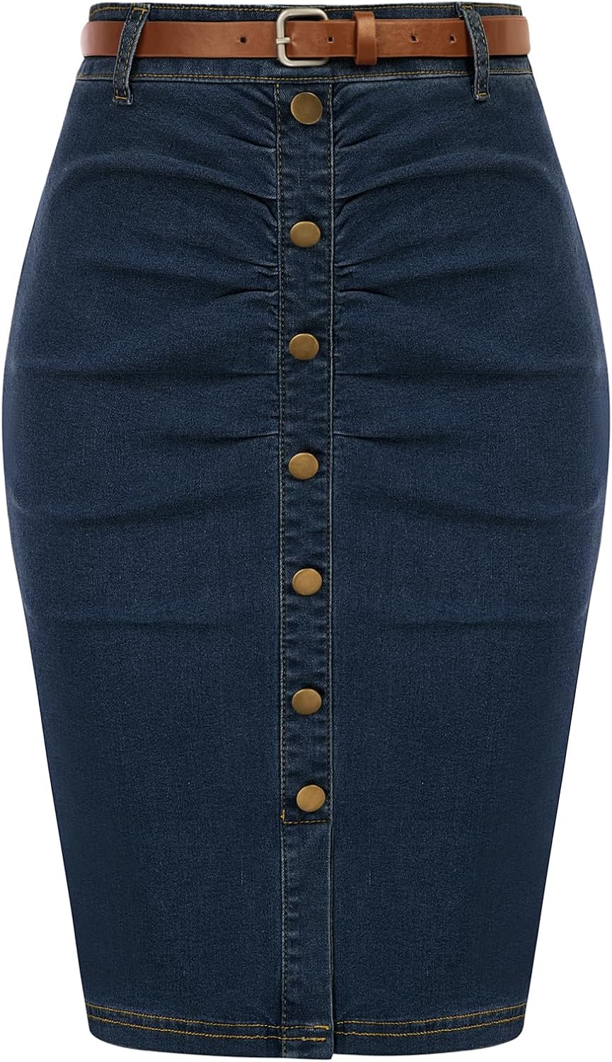 Belle Poque Denim Pencil Skirt for Women Ruched Bodycon Jeans Skirt with Belt High Waisted Pencil Skirts