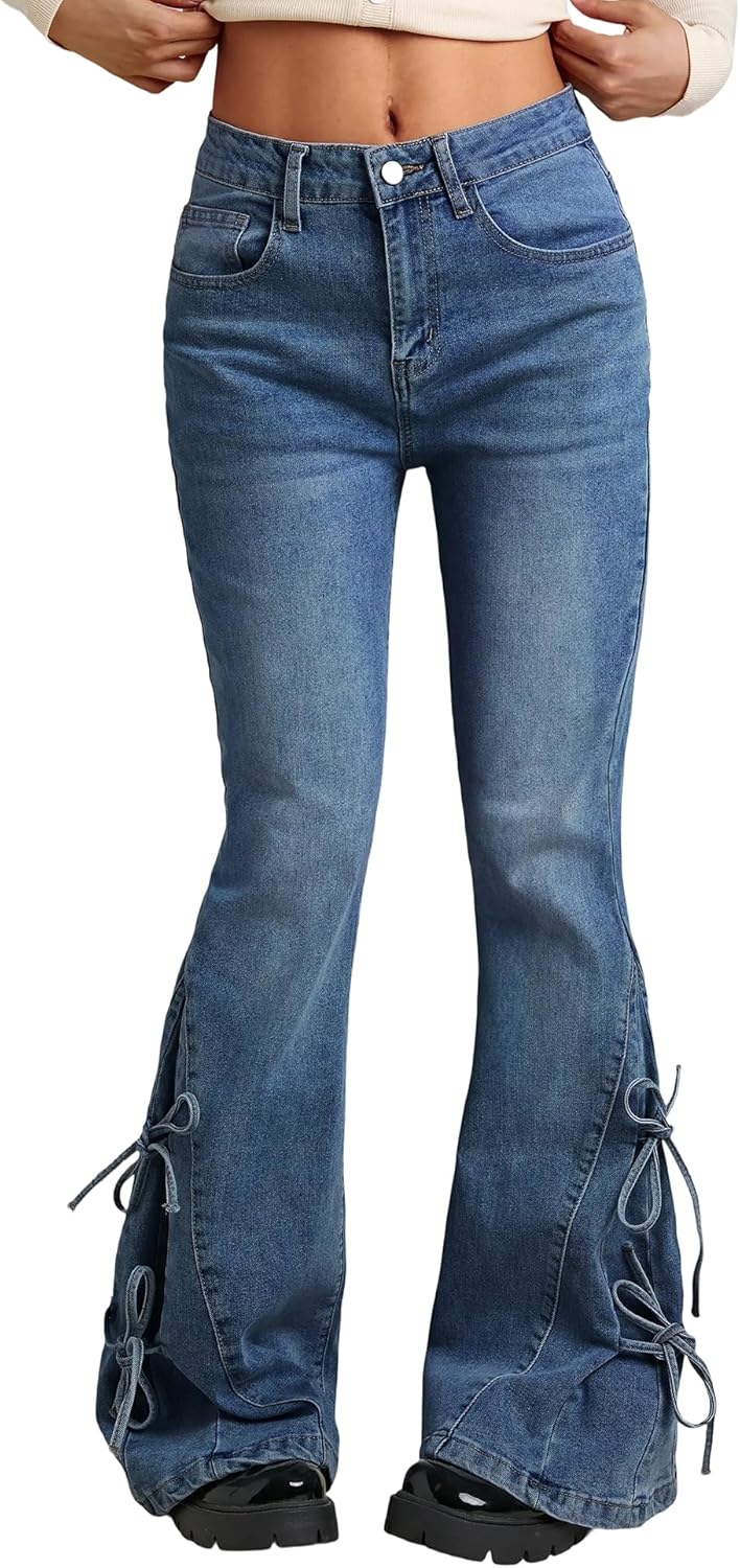 Women Bell Bottom Jeans Stretchy Flare Mid Rise Embroidery Vintage