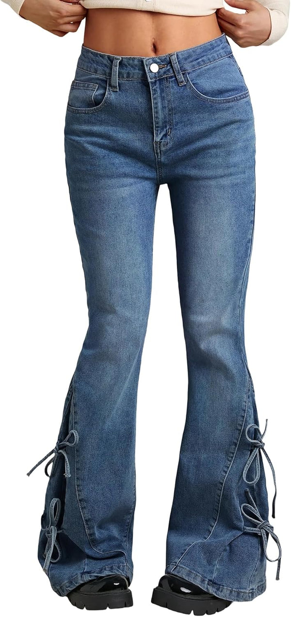 Women Bell Bottom Jeans Stretchy Flare Mid Rise Embroidery Vintage