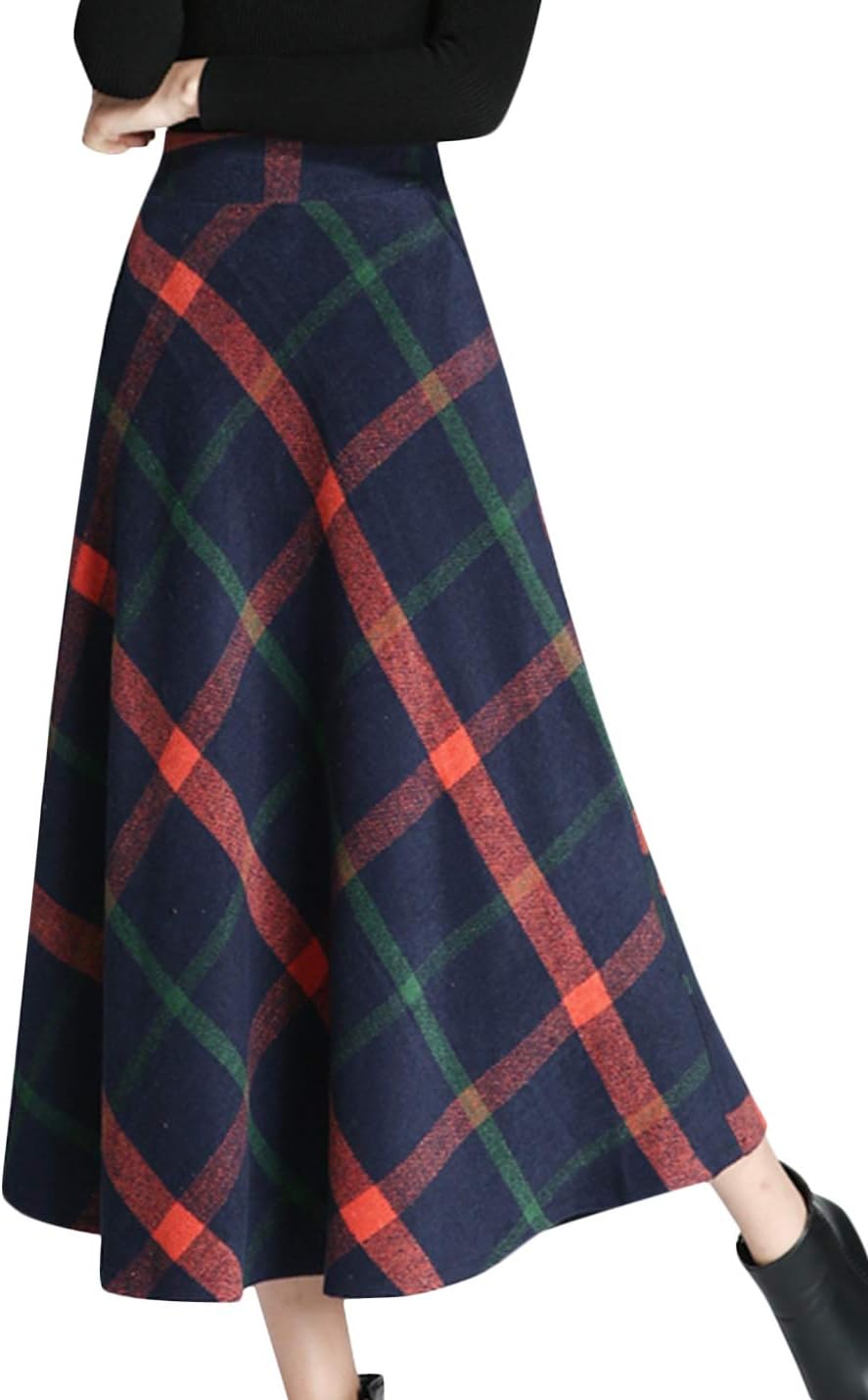 Tanming Womens Plaid Skirt Wool A‑Line Pleated Long Skirt