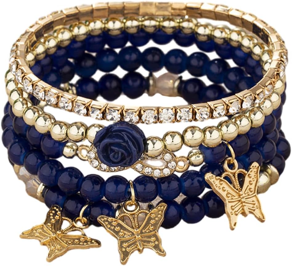 4 Pcs Cute Butterfly Charm Bracelets Set Gold Beaded Stackable Stretch Bracelets Bohemian Summer Jewelry Gifts for Women
