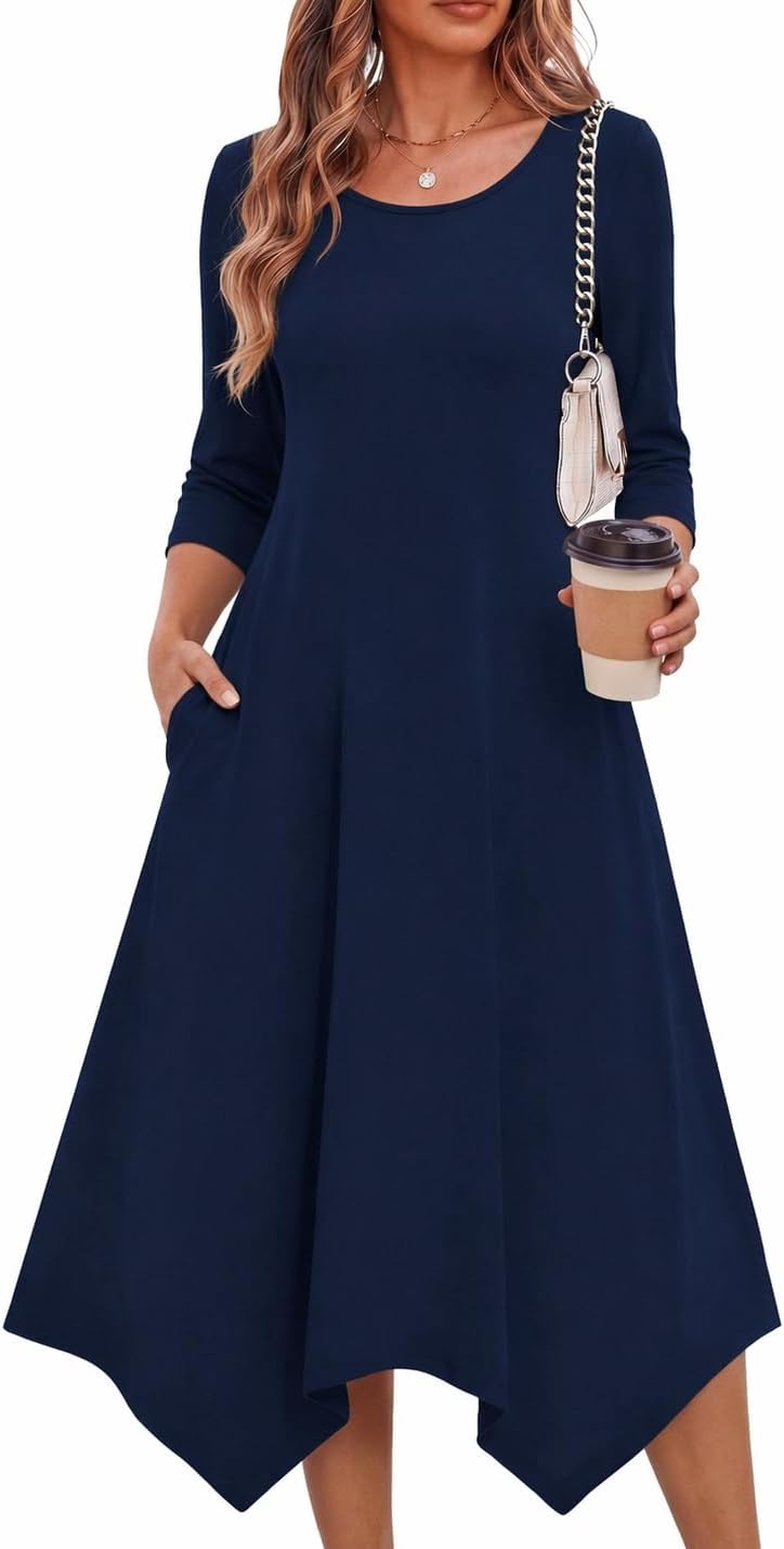 Zeagoo Midi Dresses Women 2026 Dress 3/4 Sleeve A Line Casual Dresses with Pockets