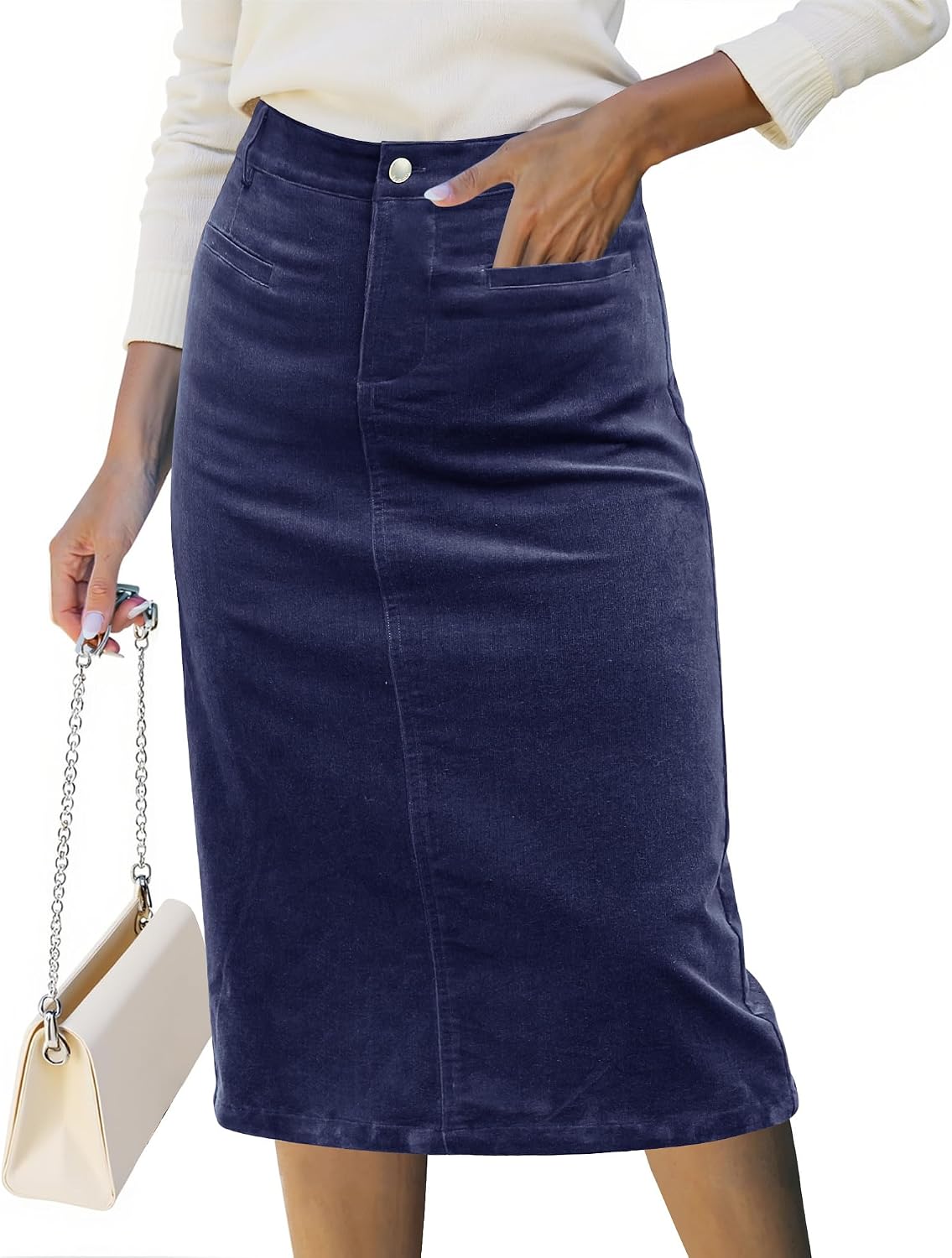 luvamia Corduroy Skirts for Women Midi Length High Waisted Trendy Fall Elastic Waist Casual Stretchy Welt Pockets Skirt