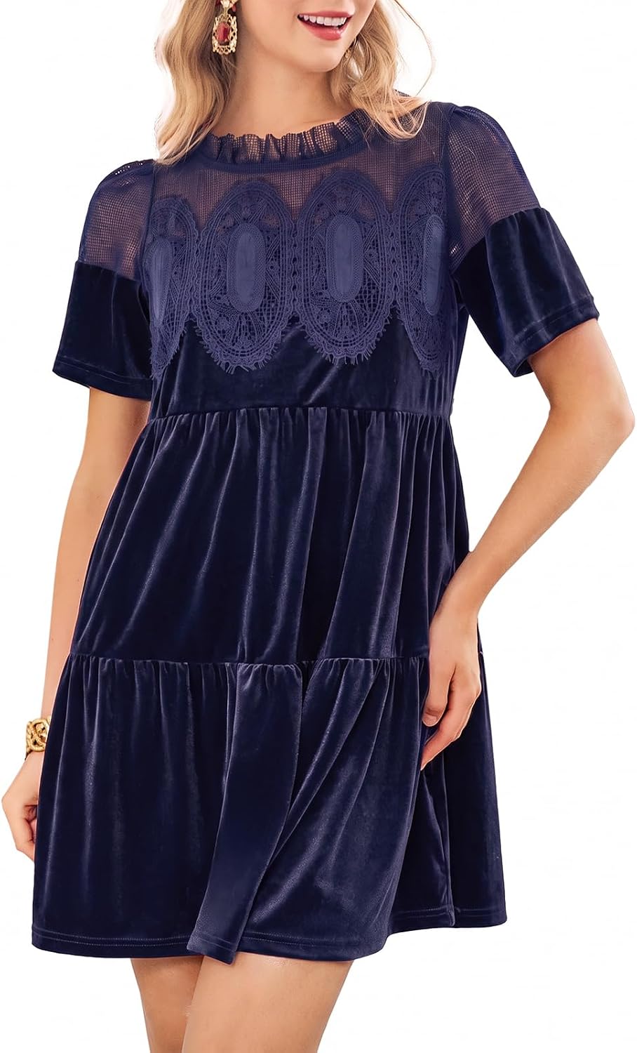 Wenrine Womens Velvet Dress Fall Lace Short Sleeve Babydoll Mini Dresses