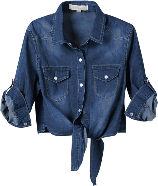 Womens Crop Modern Denim Top Tie Knot Shirt Chambray Cardigan