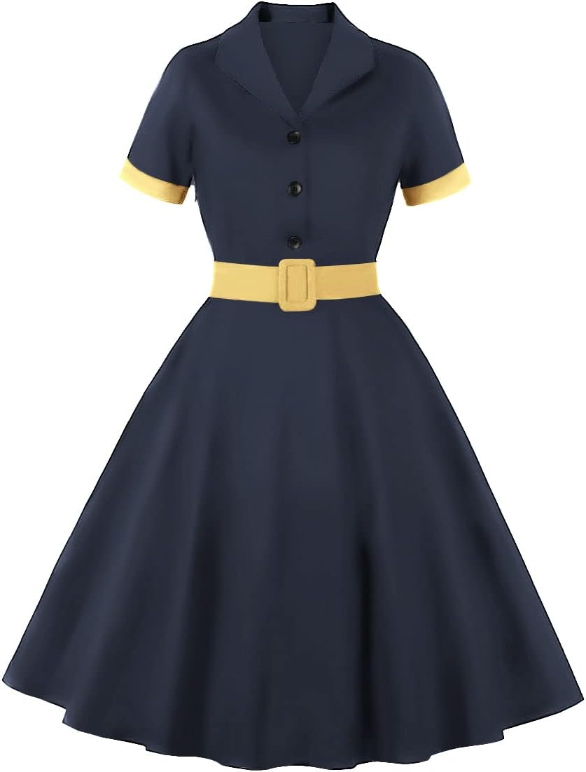 Women 1950s Vintage Short Sleeve Peter Pan Collar Retro Swing A Line Midi Summer Dress Cocktail Party Evening Prom Gown