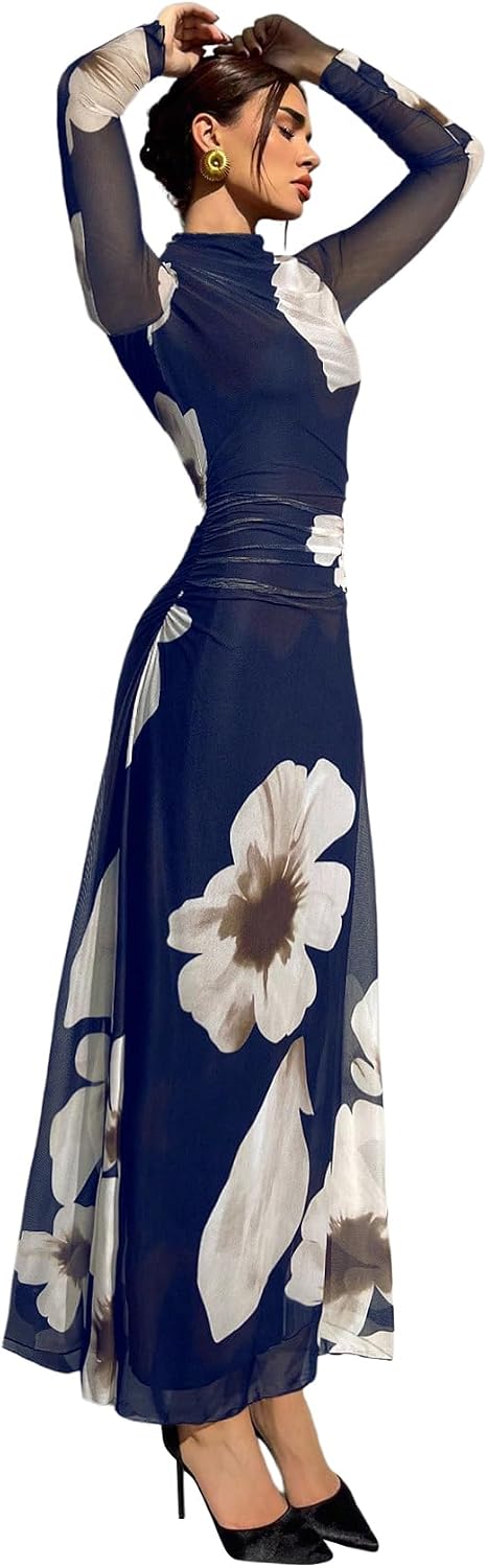 Verdusa Women's Floral Wedding Guest Dress Long Sleeve Mesh Maxi Dresses