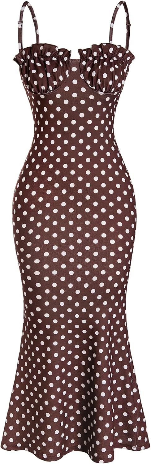 Milumia Women's Polka Dots Frill Trim Cami Dress Fishtail Maxi Dresses