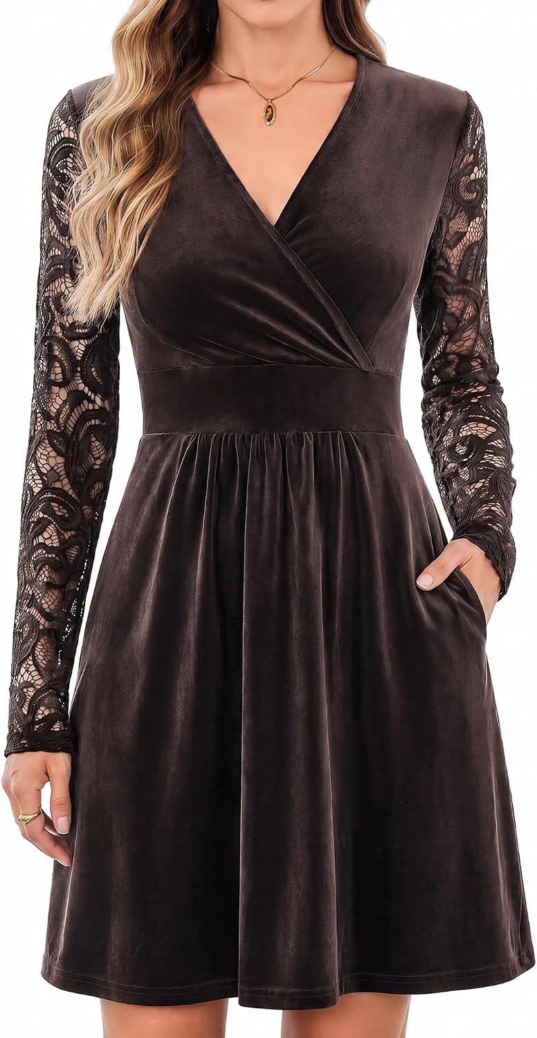 AUSELILY Velvet Dress for Women V Neck Lace Sleeve Wrap Dress