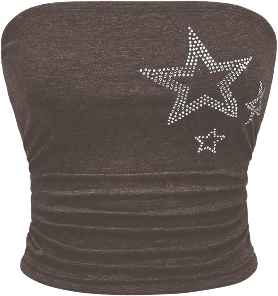 WDIRARA Women's Star Rhinestone Strapless Crop Tube Bandeau Top