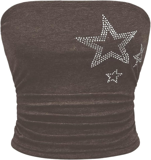 WDIRARA Women's Star Rhinestone Strapless Crop Tube Bandeau Top