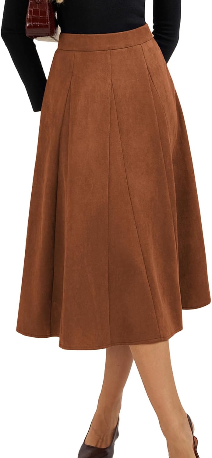 Belle Poque Women Suede Skirt High Waisted A Line Midi Skirts