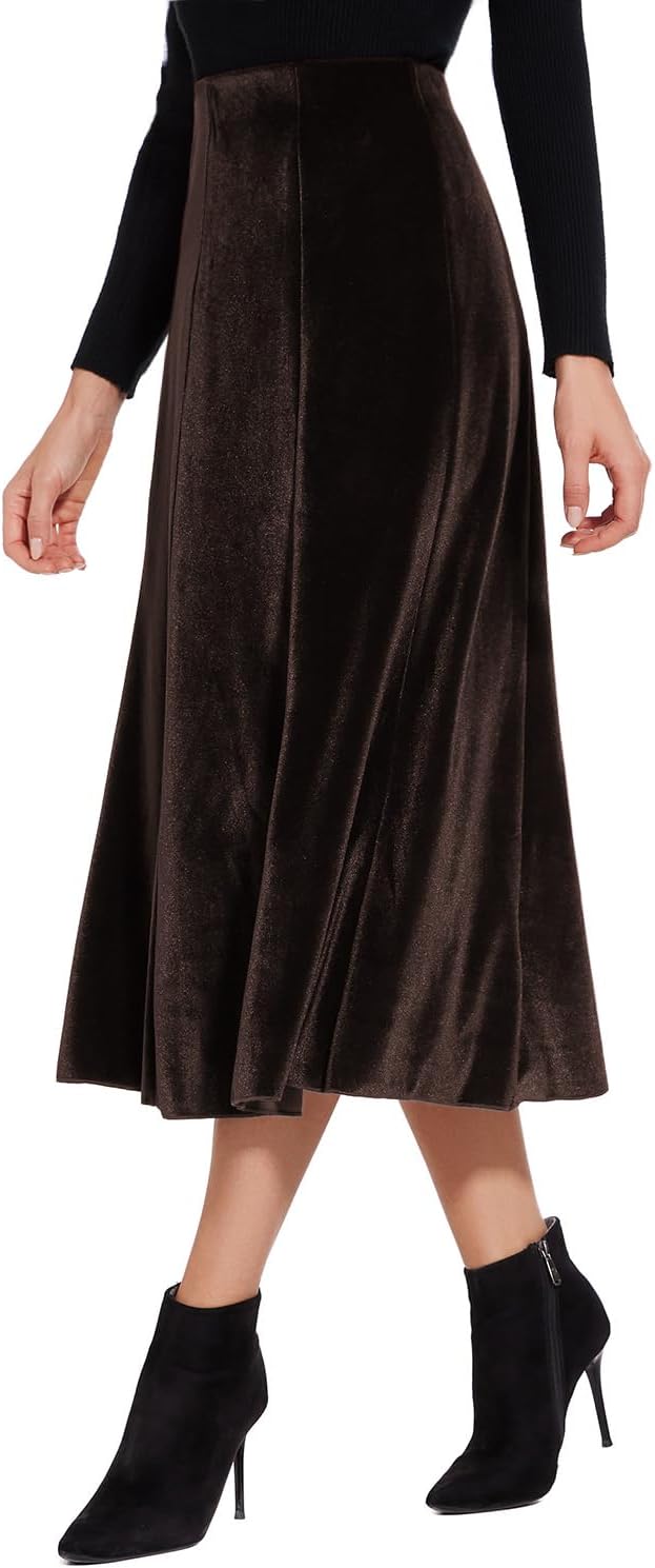 Women’s Elegant Vintage Velvet Midi Skirt Flowy 8-Panel Design
