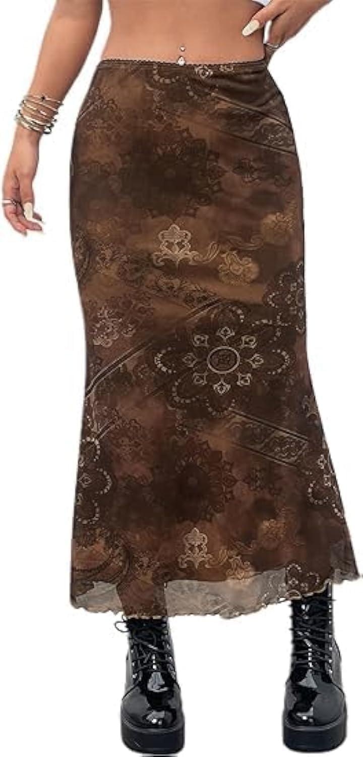 Avanova Women Boho Floral Mesh Long Skirts Elastic High Waisted Mermaid Hem 90s Grunge Maxi Skirt