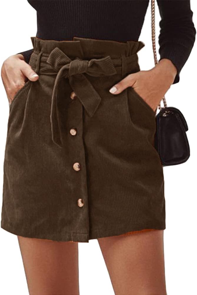 Susupeng Women Paperbag High Waist Elastic Belted Corduroy Button Front with Pockets Short Mini Skirt
