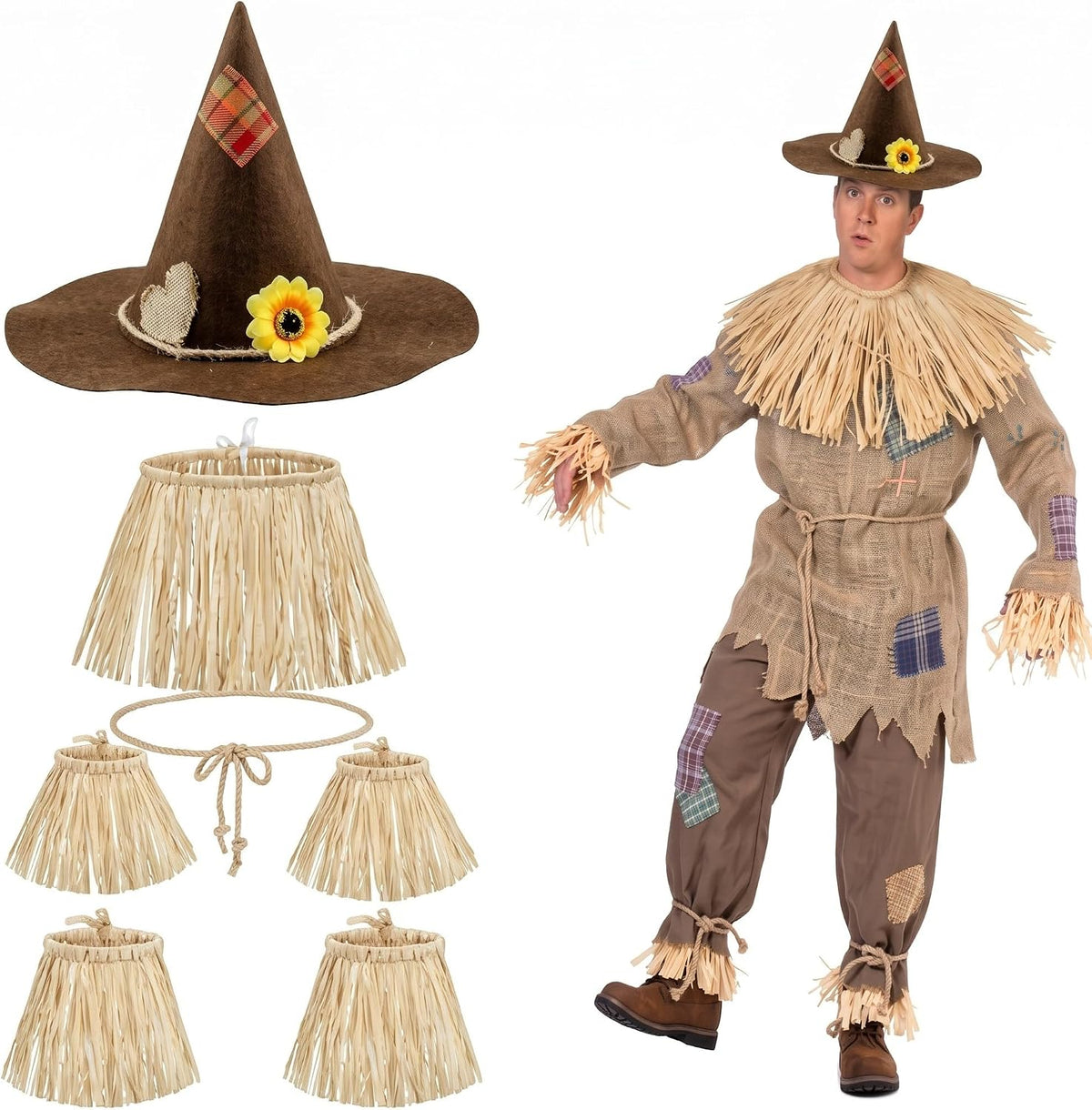 Geyoga 7 Pcs Scarecrow Costume Set Scarecrow Hat and Straw Kit